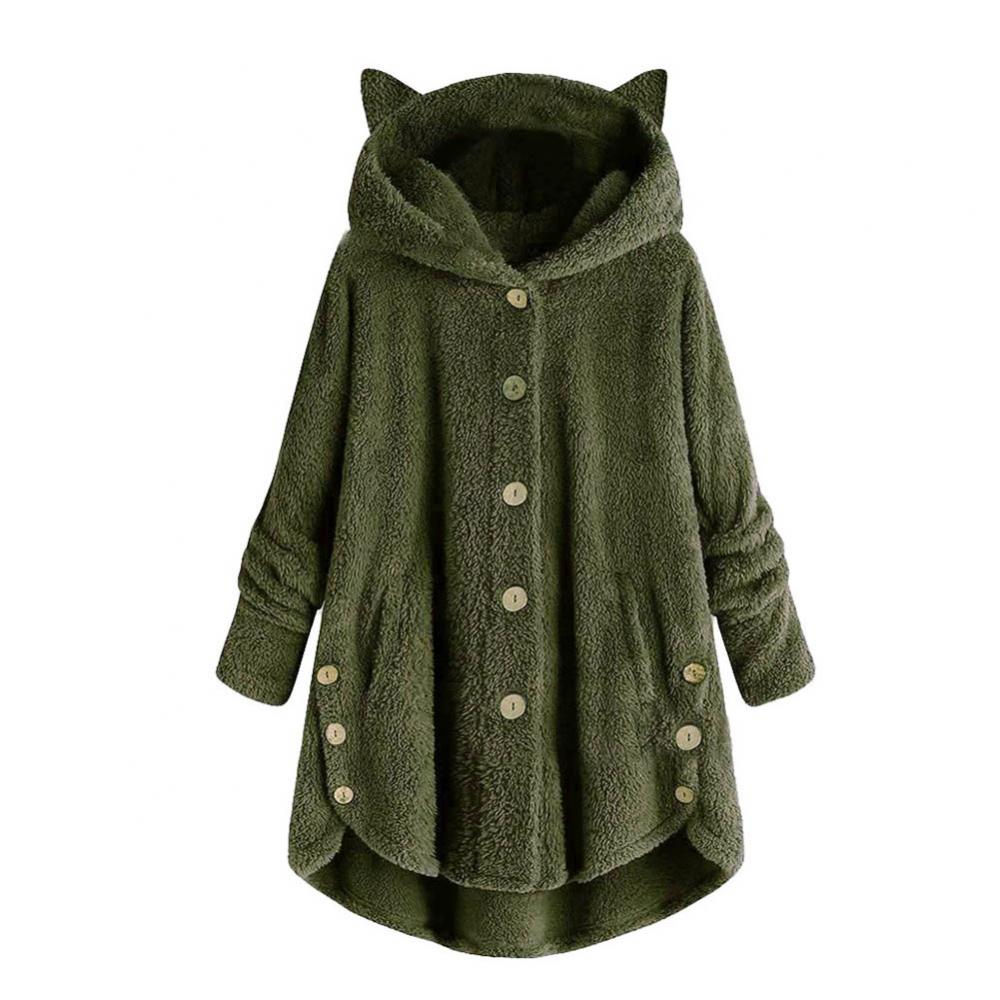 Fleece Women Winter Coat Cute Cats Ears Hooded Spring Fluffy Jacket Irregular Hem Buttons Jacket Oversize Soft Kawaii Plush Coat