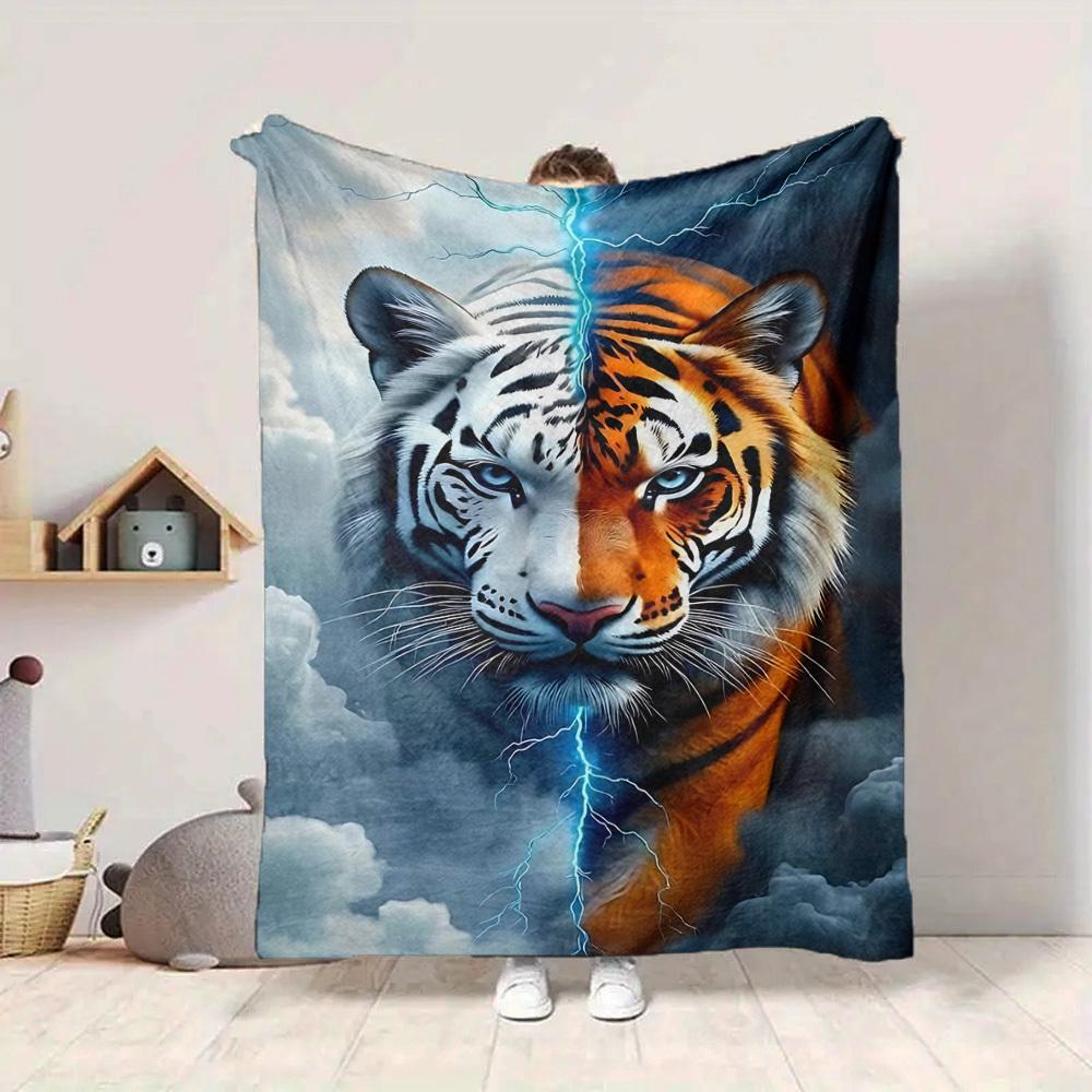 1pc Tiger Lightning Print Blanket Lightweight Flannel Blanket Throw Blanket For Sofa, Bed, Travel, Camping, Livingroom, Office, Couch, Chair, And Bed