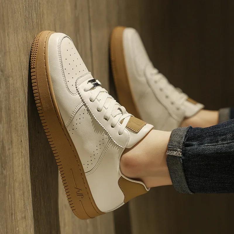 Fashion New Men's Leather White Sports Shoes, Breathable and Comfortable Casual Shoes, Men's Fashionable Outdoor Walking Shoes Size39-44
