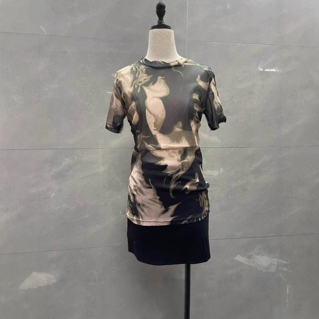 

Гонконгский ретро топ-сетка с принтом тушью: Женская приталенная футболка с коротким рукавом для весны и осени S (recommended ~95 jin)