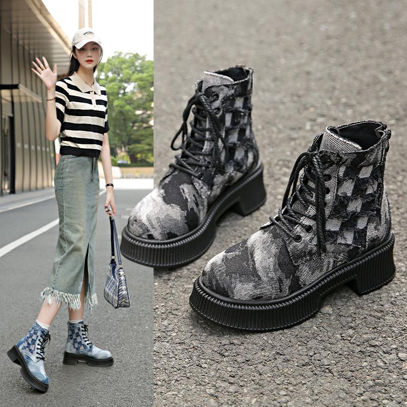 Autumn and Winter Denim Retro Martin Boots Thick-soled Front Lace-up Tooling Locomotive Round Head Women's Short Boots