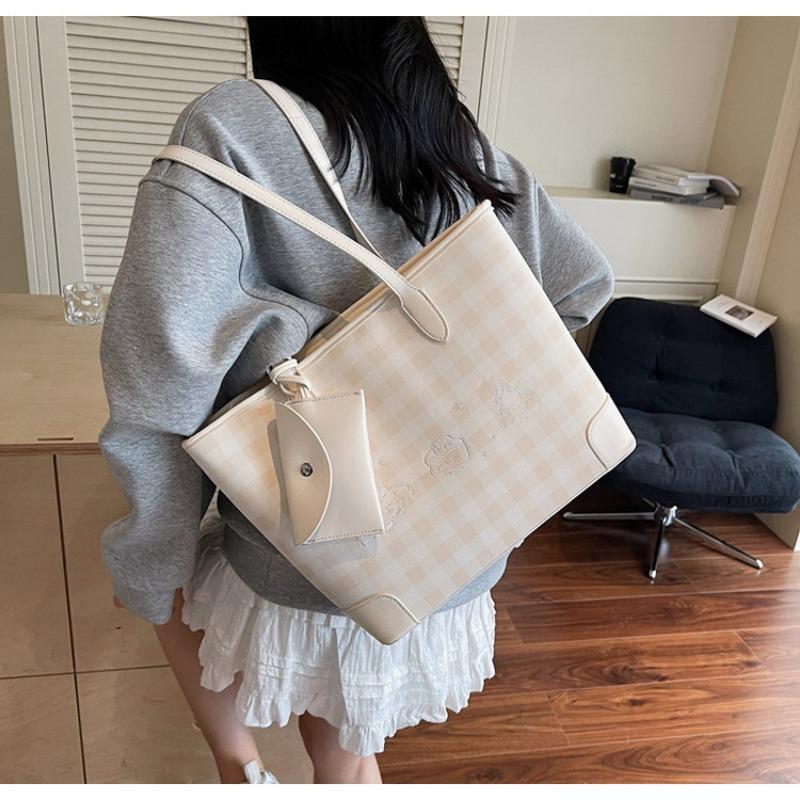 Large-capacity Bag Women's Summer Versatile New Casual Plaid Shoulder Bag Textured Commuter Tote Bag