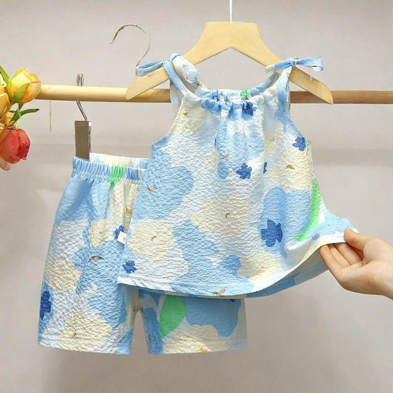 Children s Floral Halter-top Shorts Set - Summer Girls Fashionable Outfit 100cm