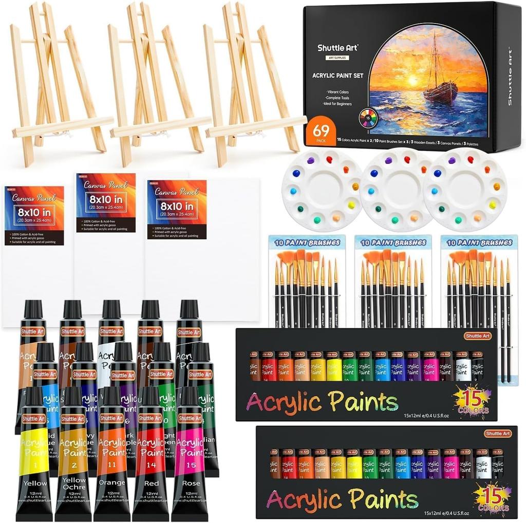 Shuttle Art Acrylic Set with 15 Includes Wooden Canvas and and Perfect for and Tole Suitable for and Perfect for and Paints, 69-Piece Colors, Easel,