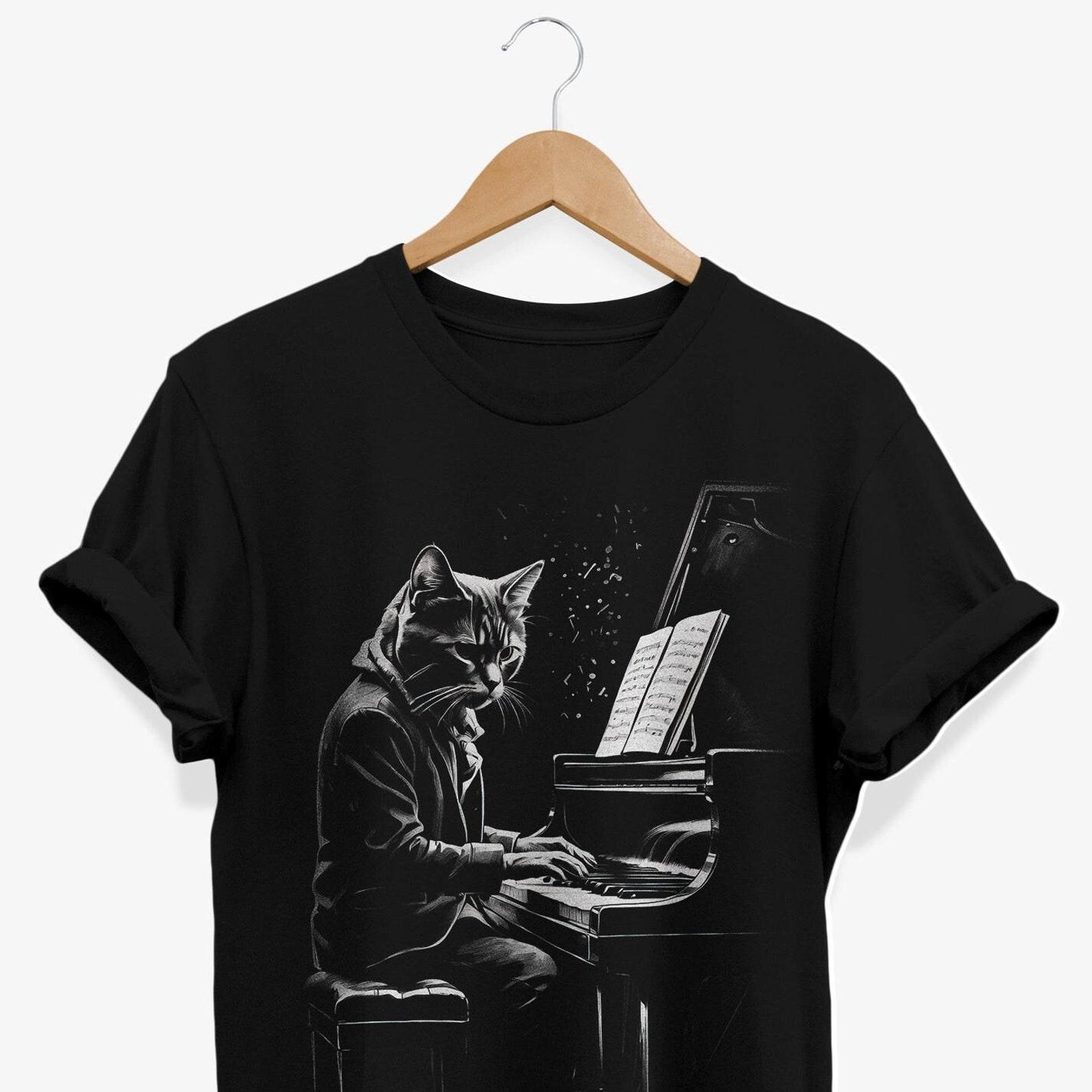 Cat Playing Piano T-Shirt: Music Lover Gift S