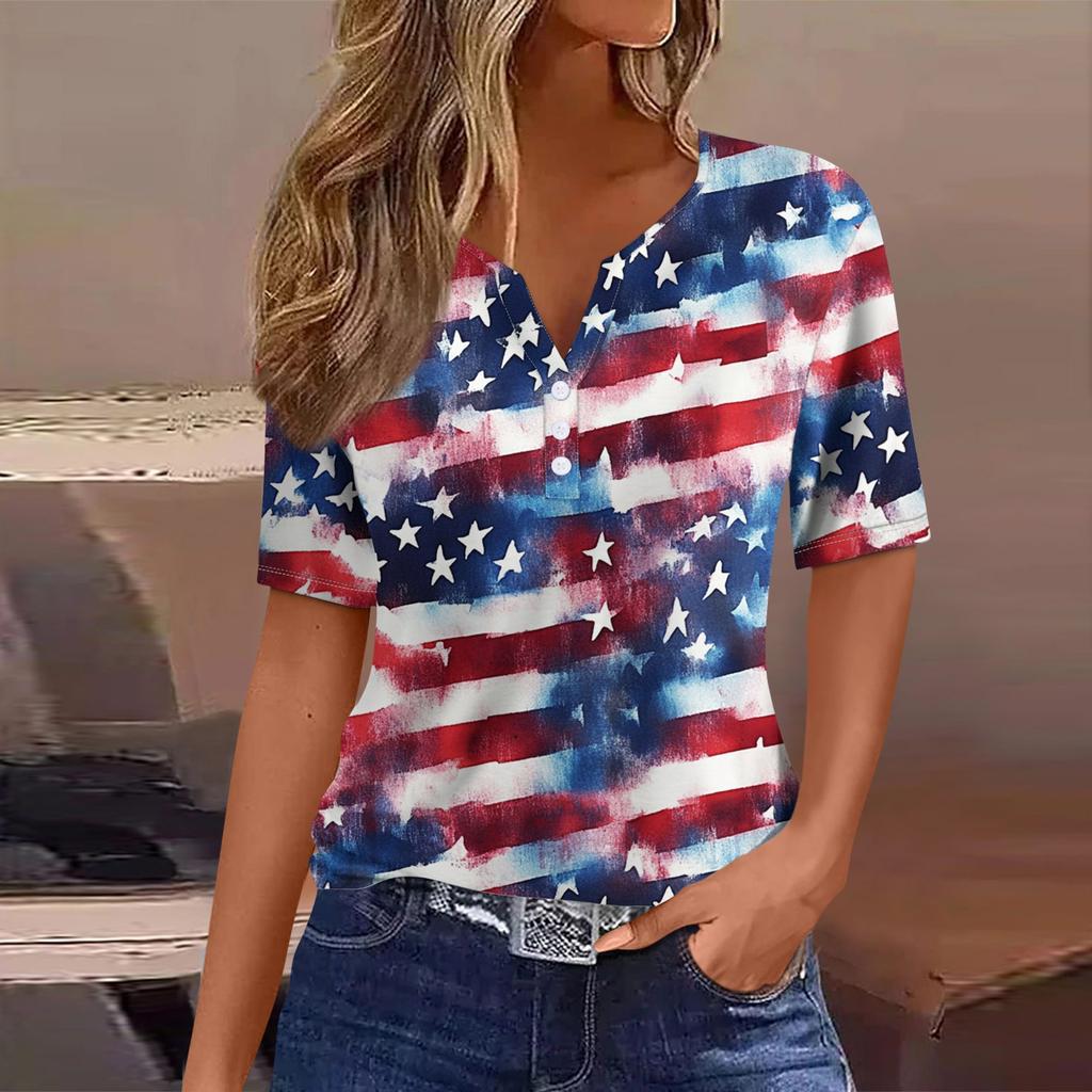 Dámské tričko Tričko Potisk knoflíku Krátký rukáv Denní víkend Móda Basic Top s výstřihem do V
