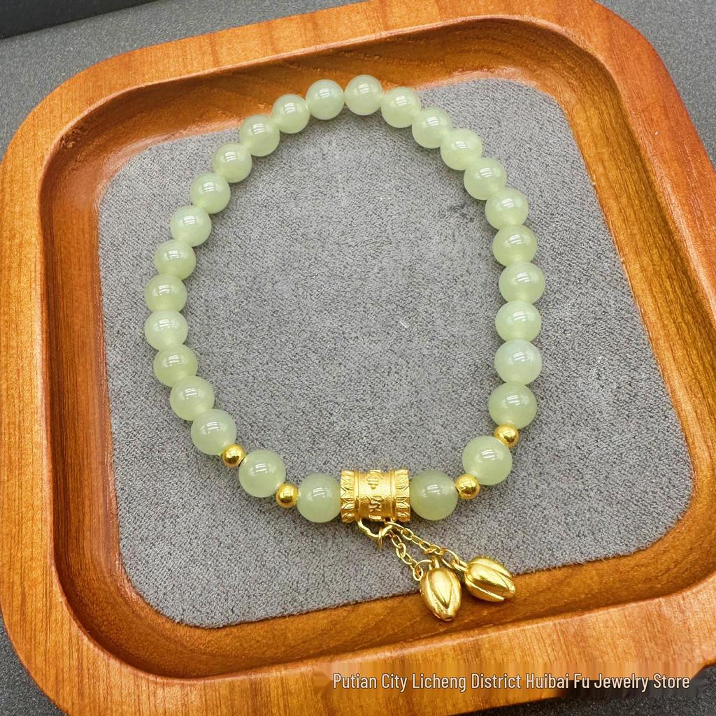 Two Lives Joy S925 Sterling Silver Gold-Plated Bracelet with Rotating Lotus & Hetian Jade - Elegant Gift for Girlfriend