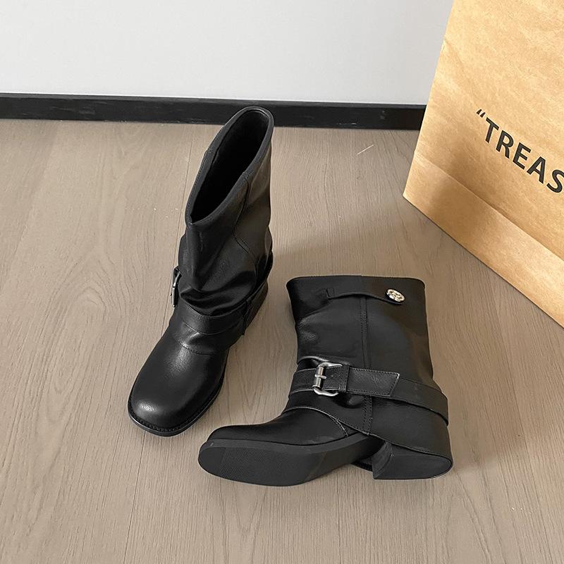 

2025 autumn new western cowboy boots women s pleated pile black round head retro thick heel knight boots women 40 чёрный