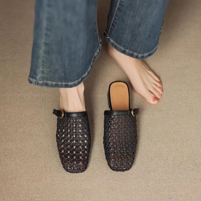 Fashion Women's Vintage Woven Breathable Cutout Half Slip Block Heel Elegant Casual Slippers