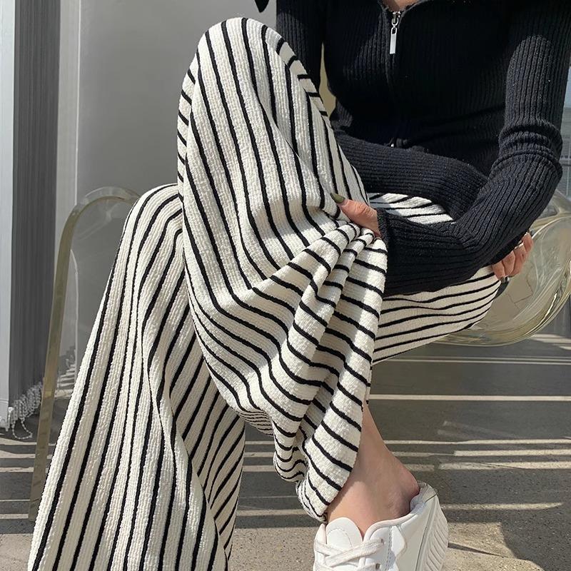 Texture soft waxy towel pants women's spring new black and white striped pants women's lazy wind loose and drape wide-leg pants