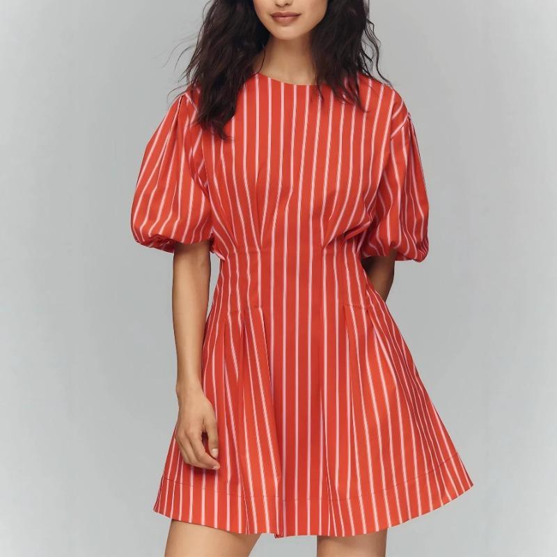 Women Elegant Striped Slim Fit Round Neck Puff Sleeve High Waist Short A Line Dress