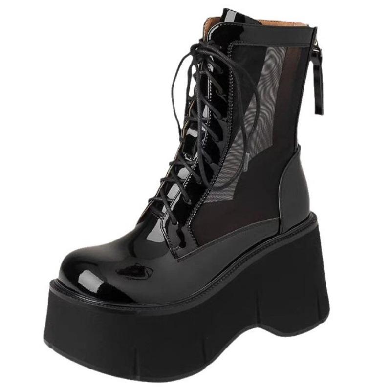 Summer Mesh  Boots Women's Thick Sole Chelsea Cool Boots Hollow Lace Short Barrel Mesh Boots High Heels Women Shoes