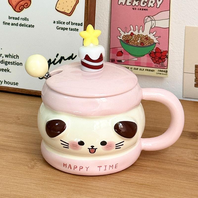 Birthday Gift Ceramic Mug with Lid Spoon Cartoon Water Cup Souvenir Gift Cup Office Home Coffee Cup Women