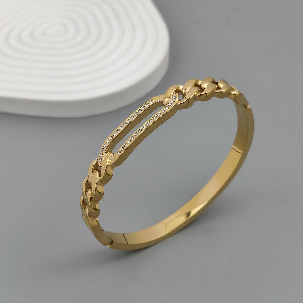 

Gold Cuban Link Crystal Hinged Bangle for Women, Stainless Steel Sparkling Luxury Jewelry Gift for Daily Party Wear золотой