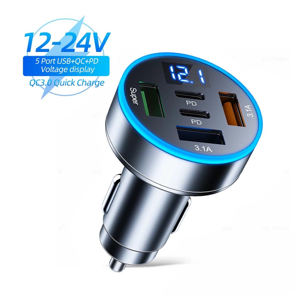 250W 5 Ports Car Charger PD QC3.0 USB C Car Phone Charger Type C Fast Charging Adapter in Car For iPhone Samsung Huawei Xiaomi