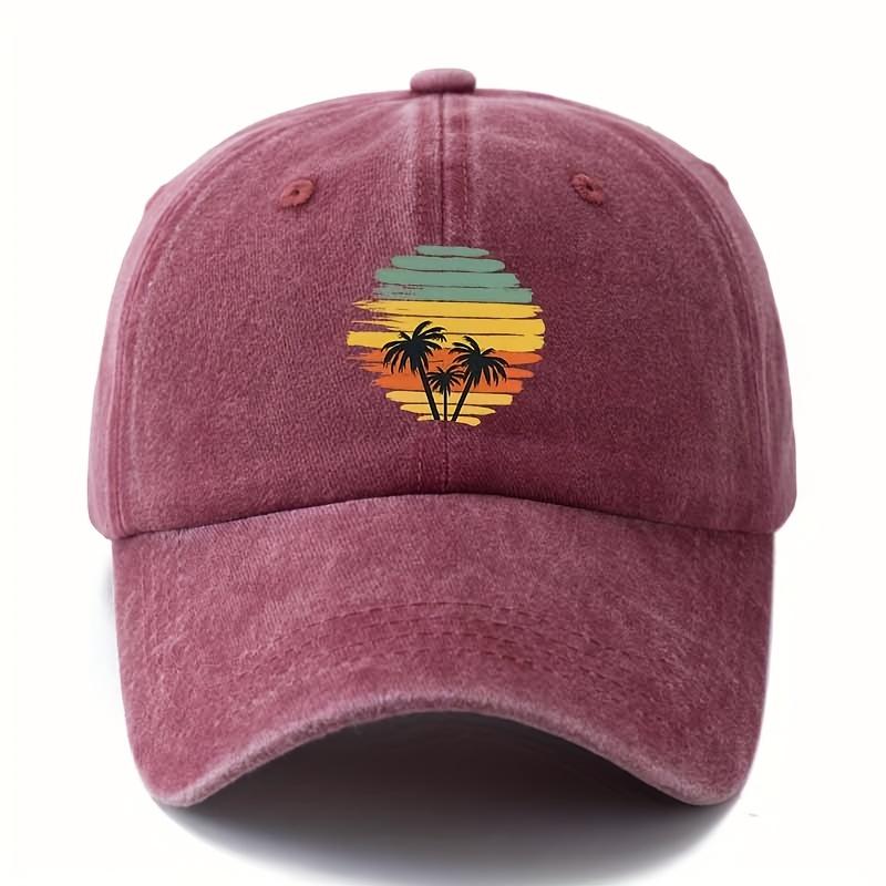 Retro tropical sunset coconut tree patterned baseball cap suitable for outdoor travel, camping, and leisure activities