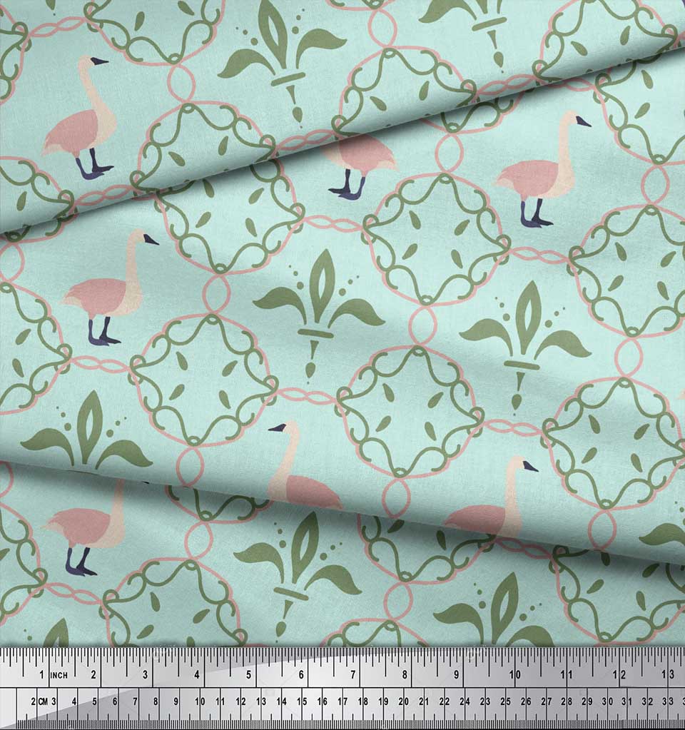 Soimoi Green Japan Crepe Satin Fabric Swan & Moroccan Damask Print Fabric by the Metre 42 Inch
