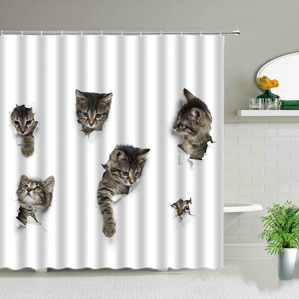 Cat Dog Cow Shower Curtain Set Cute Animal Bathroom Curtains Fabric Christmas Home Bathroom Decor Bathroom Accessories Set