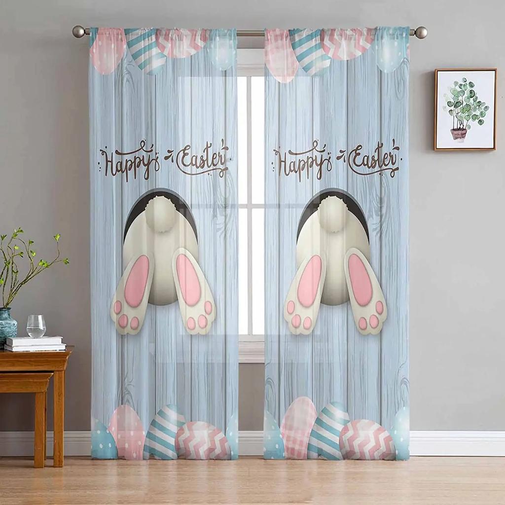 Easter Bunny Tail Wood Curtain Colorful Eggs Happy Transparent Voile Curtains Living Dining Room Bedroom Drapes Light Filtering For Sleeping Area