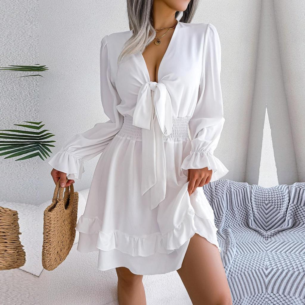 Damska wiosenna letnia jednokolorowa zasznurowana wysoka talia drewniana ucha krawędź duża rozkloszowana sukienka