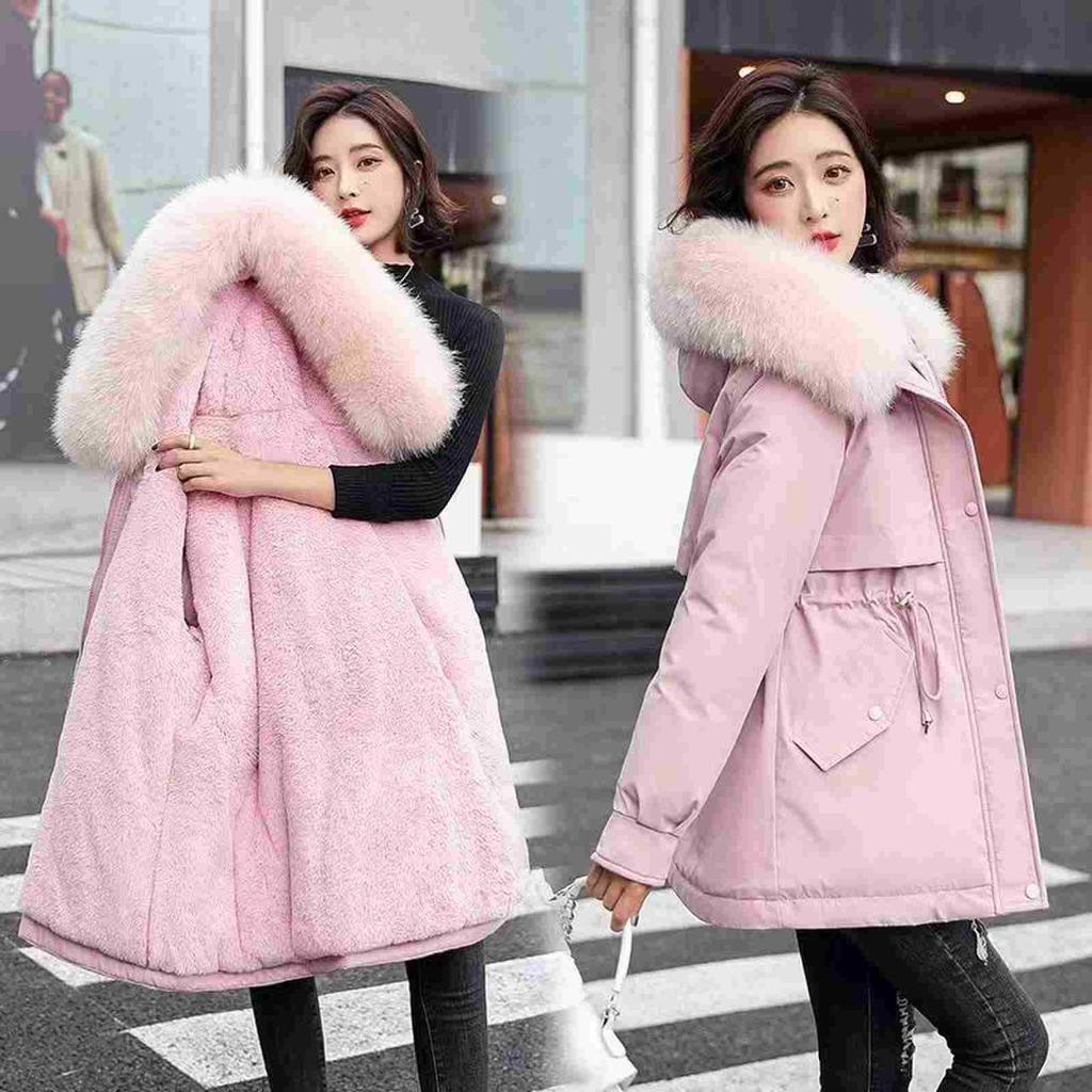 2025 Winter Women's Mid-Length Fur Collar Cotton Coat with Velvet Padding