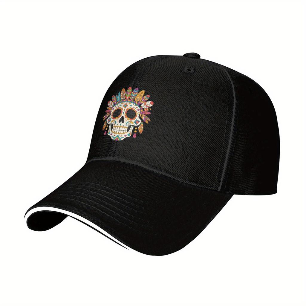 Sugar Skull Feather Headdress Baseball Cap Mexican Dia de los Muertos Print Cotton Adjustable Unisex Casual Hat