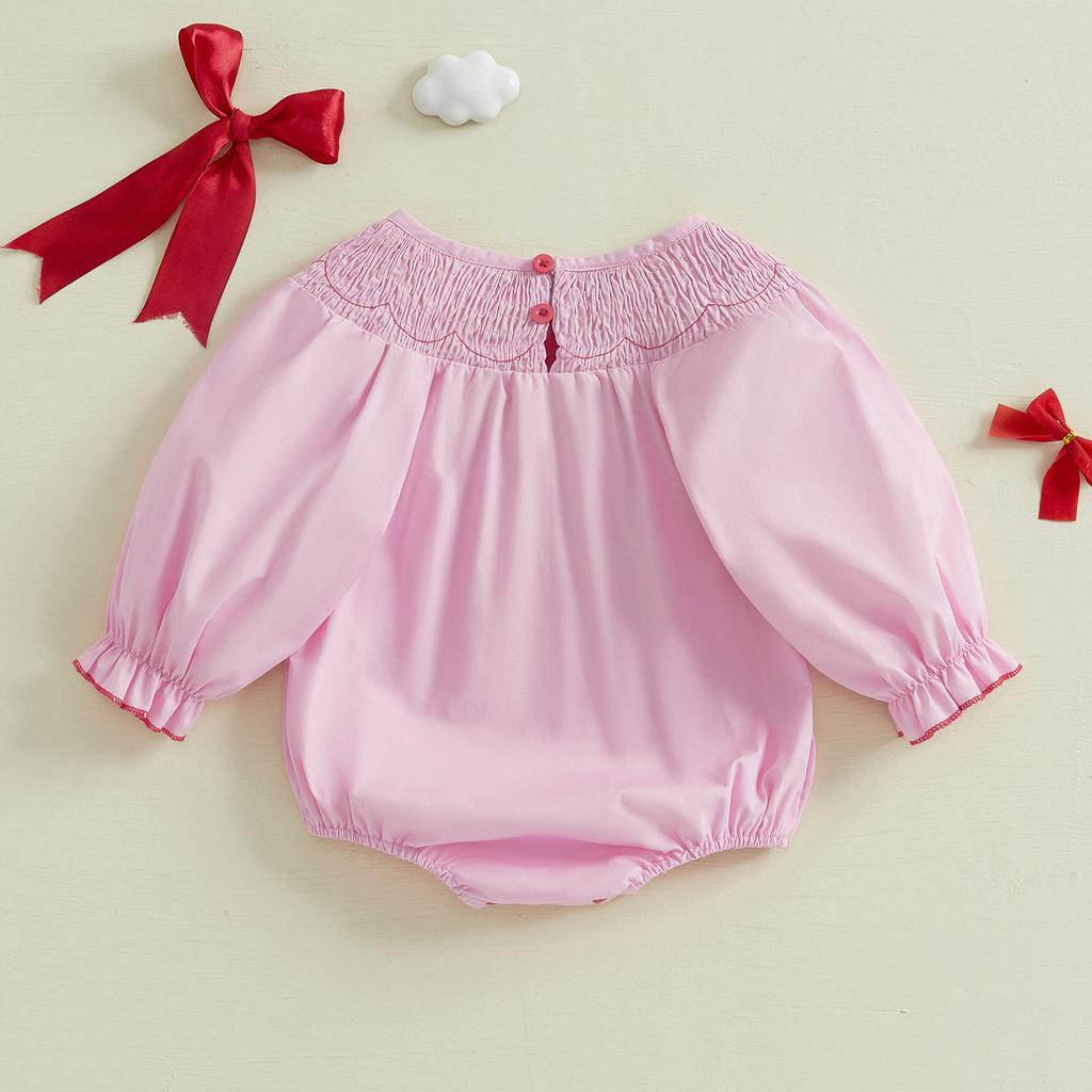 Toddler Baby Girl Smocked Romper Bow Embroidery Round Neck Long Sleeve Bubble Jumpsuit 