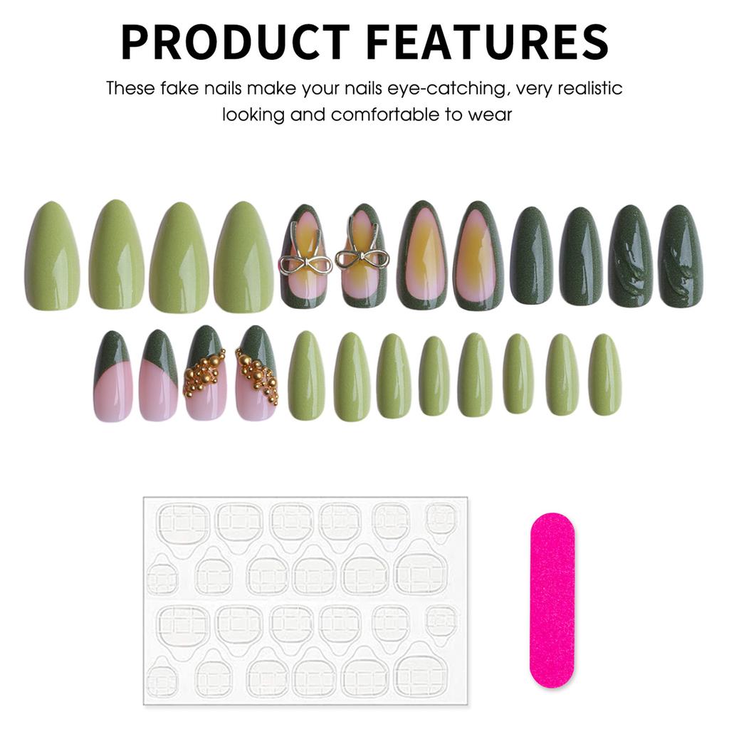 Almond Shape Faux Nails 24 Pcs Retro Green Velvet Press On Nails With Gold Bow Decor For Women Daily Party Wear