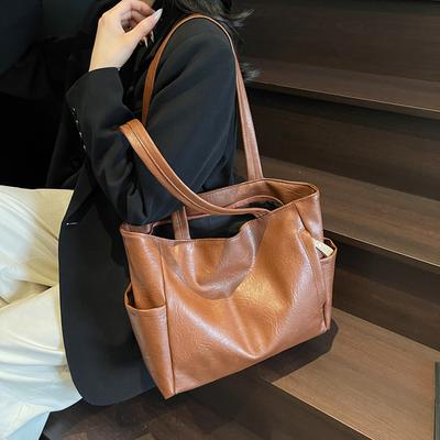 PU Shoulder Bag Women Solid Color Large Capacity Handbag Commuter Tote Bag
