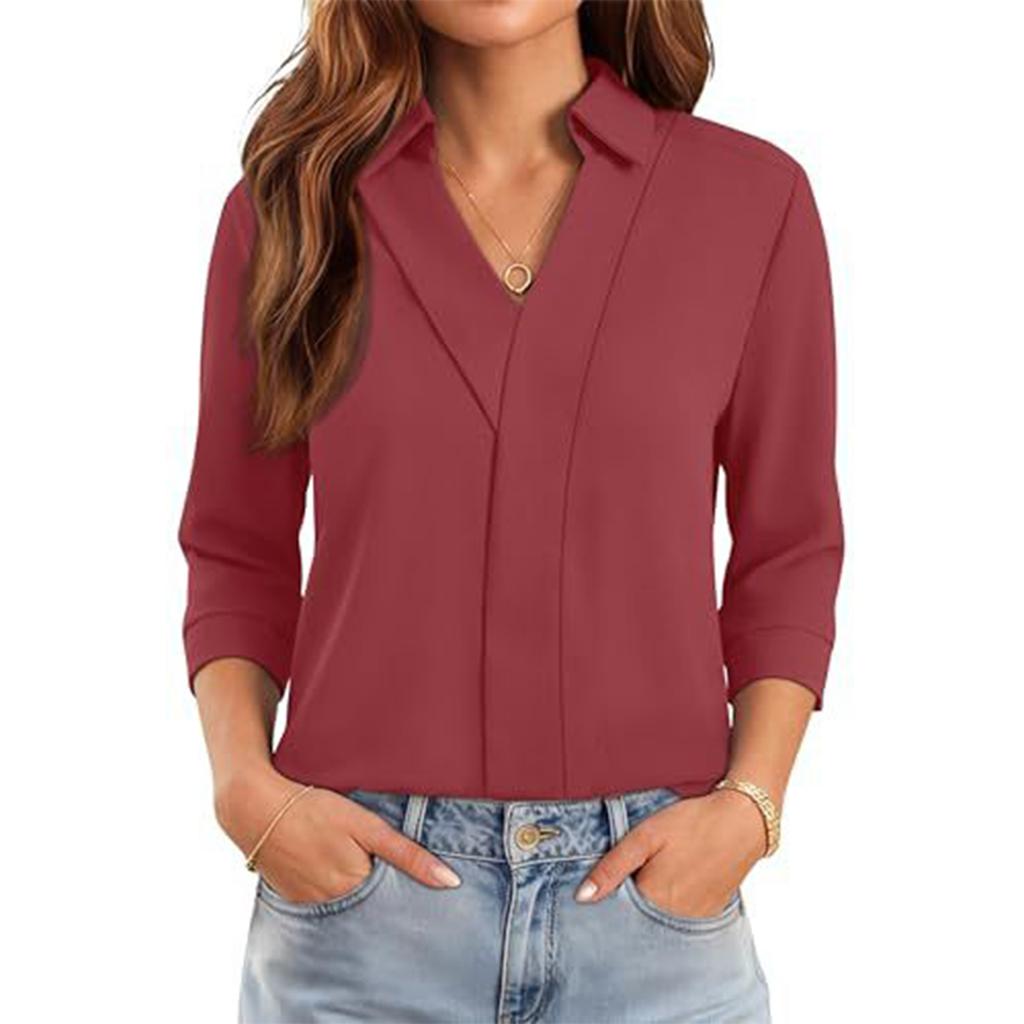 Damen V-Ausschnitt Gestreifte Bluse 3/4 Ärmel Business Casual Oberteil für die Arbeit