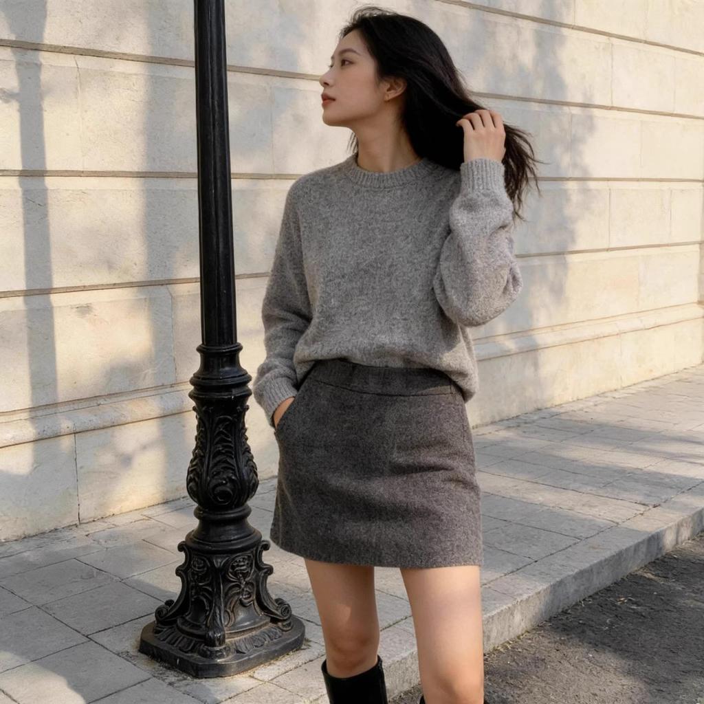 Women's High Waist Gray Wool Blend A-line Skirt - Petite Plus, Autumn/Winter 2026 Collection, Elastic Hip Wrap, Short Length