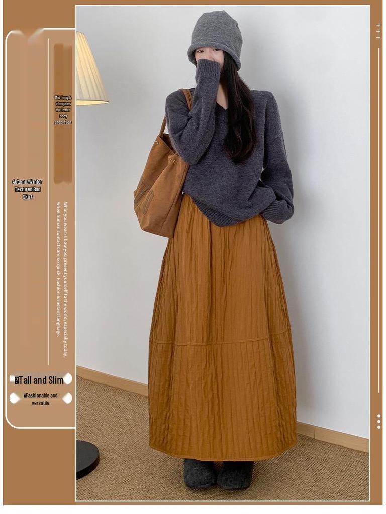 Women's Japanese Retro 3D Textured Quilted A-Line Midi Skirt for Autumn/Winter.