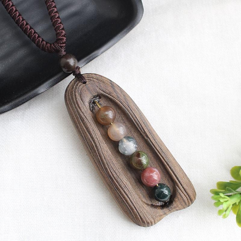 Handmade Wooden Pendant Necklace Ethnic Boho Style Long Chain Leaf Design Natural Women