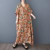 DIMANAF 2025 Sommer Damen Druck Übergröße Langes Leinenkleid Kurzarm Vintage Casual V-Ausschnitt Basic Lockeres Kleid