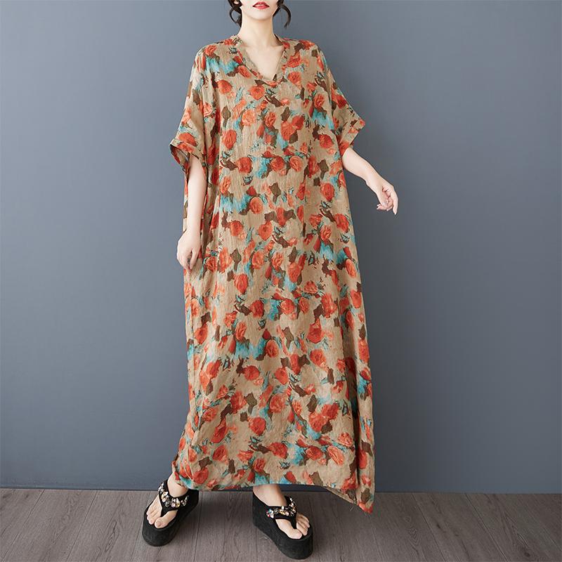 DIMANAF 2025 Sommer Damen Druck Übergröße Langes Leinenkleid Kurzarm Vintage Casual V-Ausschnitt Basic Lockeres Kleid
