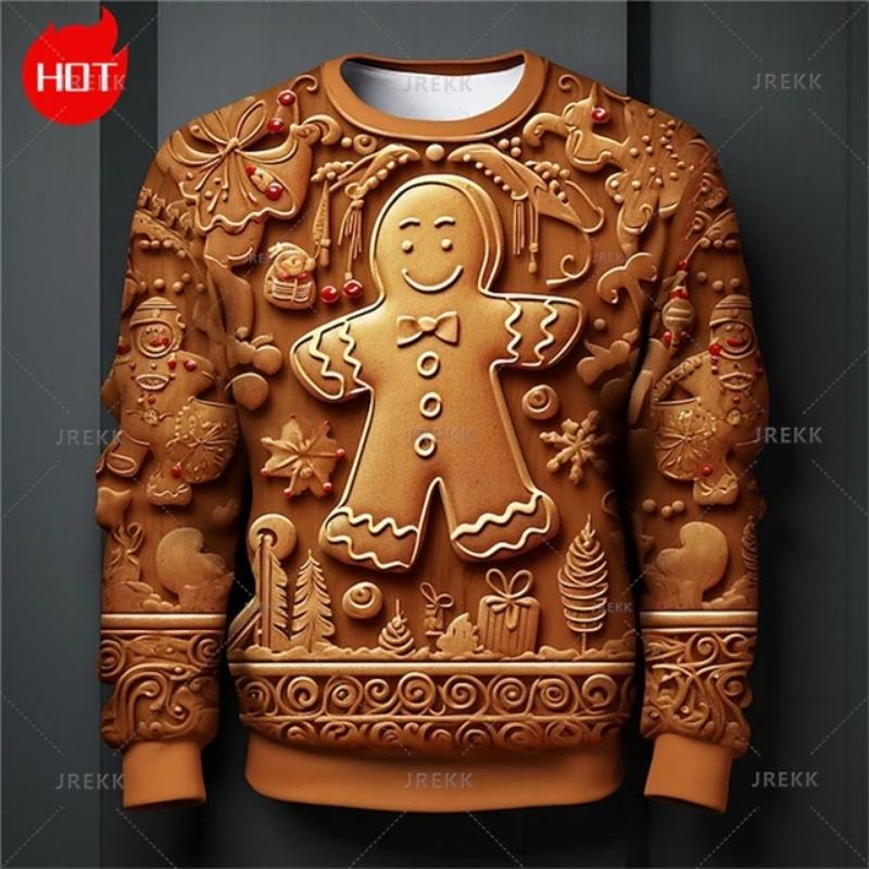 Gingerbread Man 3D Printing Sweatshirts Vintage Happy Christmas Graphic Round Neck Hoodie Fashion Ugly Christmas Sweatshirt Tops