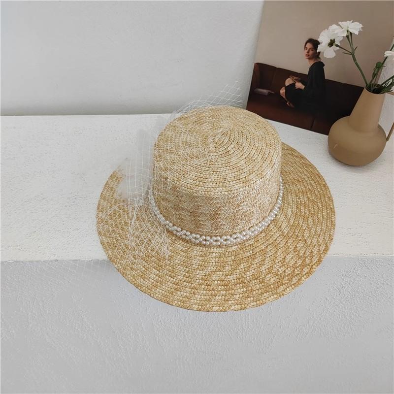Ins Chic Summer Big Lace Flower Pearl Ribbon Natural Straw Lady Fedoras Cap Women Leisure Panama Jazz Hat