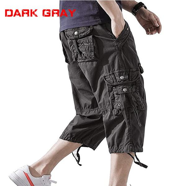 2026 Summer Mens Casual Cargo Short Pants 3/4 Loose Fit Below Knee Capri Cargo Trousers Cotton 29 темно-серого