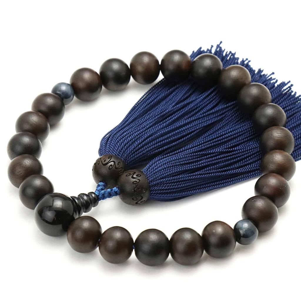 Men's Kyoto Buddhist Prayer Beads, Matte Striped Ebony, 22 Beads, Blue Tiger's Eye Stone, Silk Tassel, Suitable for All Sects, Informal Funerals,