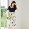 VICTORIA&VERA Floral Print Puff Sleeve Faux Two-Piece A-Line Mid-Length Dress