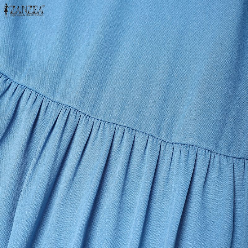 ZANZEA Damen Lässiges Einfarbiges Lockeres Kleid mit Umlegekragen und Halblangen Ärmeln