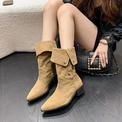 Fashion Pointed Toe Ladies Mid Calf Shoes Khaki Studded Middle Heel Women's Half High Boots New In Goth On Offer 2024 Waterproof Sale Pu