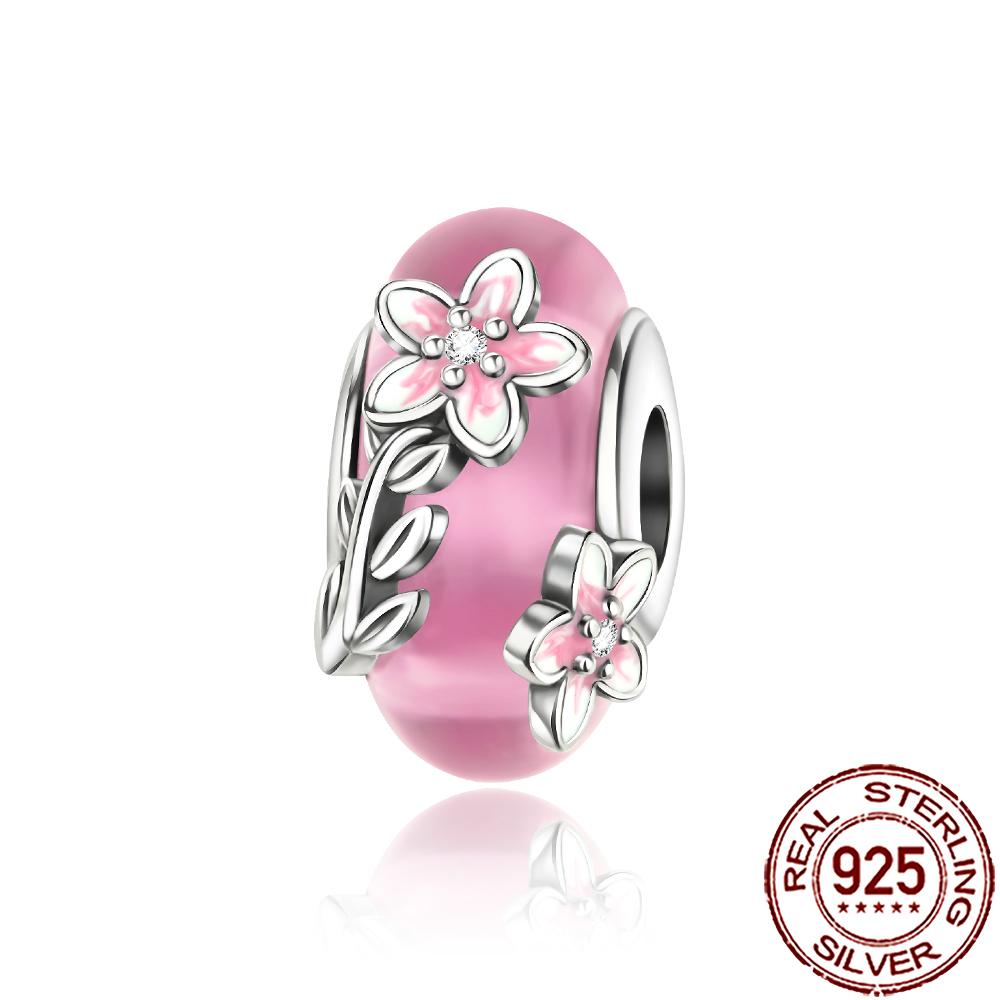 New Copper Cold Enamel Pink Daisy Murano Glass Charm Bead Fit Snake Chain Bracelet Necklace Women Diy Jewelry