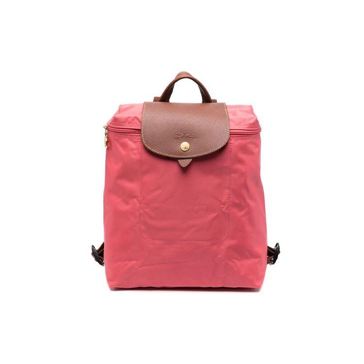 Longchamp Le Pliage Solid Color Embossed Logo Snap Zipper Closure Nylon And Calfskin Backpack Medium Men backpack Magenta 1699089P76 Rose Red