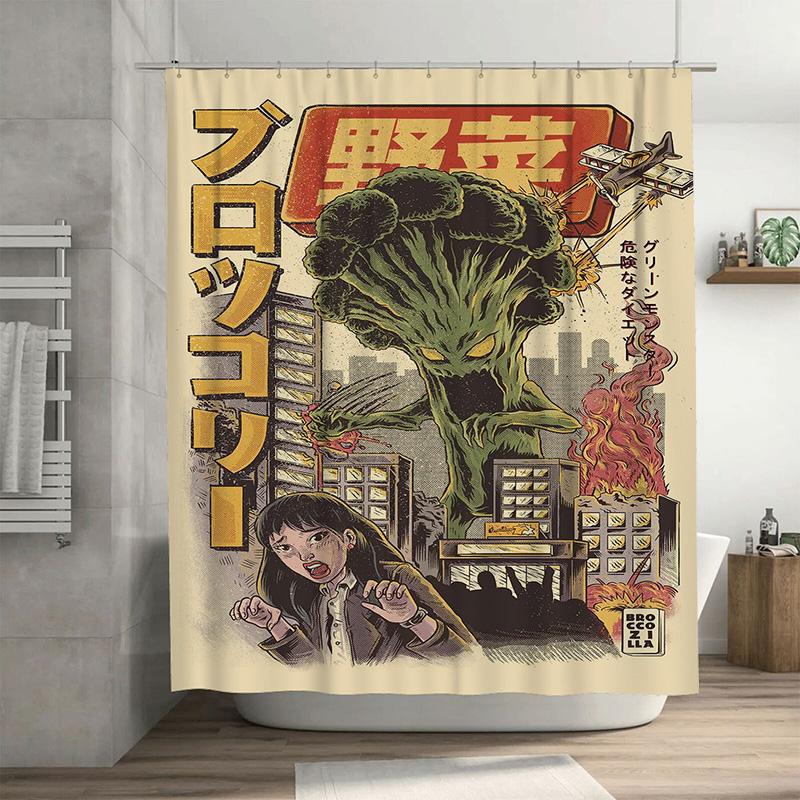 

Vibrant Cartoon Broccoli Shower Curtain Waterproof Fabric Home Decor Bathroom Accessories Green Monster Threatening Woman Design 90x180cm