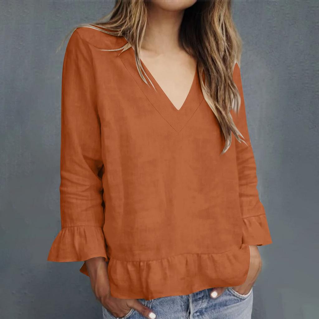 Women's Fashionable V-neck Solid-color Pullover Casual Top