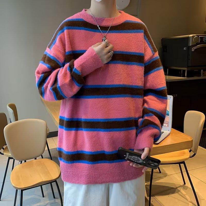 Soft waxy gentle stripes lazy wind autumn and winter new sweater men's loose retro imitation mink velvet sweet and spicy knitted sweater thick