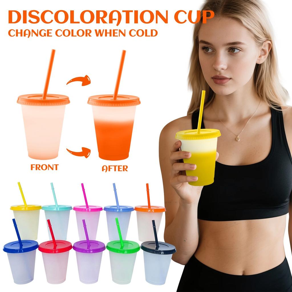 10 stk per sett Temperaturfølsom 10-fargeskiftende kopp 16oz Sugerørskopp Skifter farge når kald Gjenbrukbar