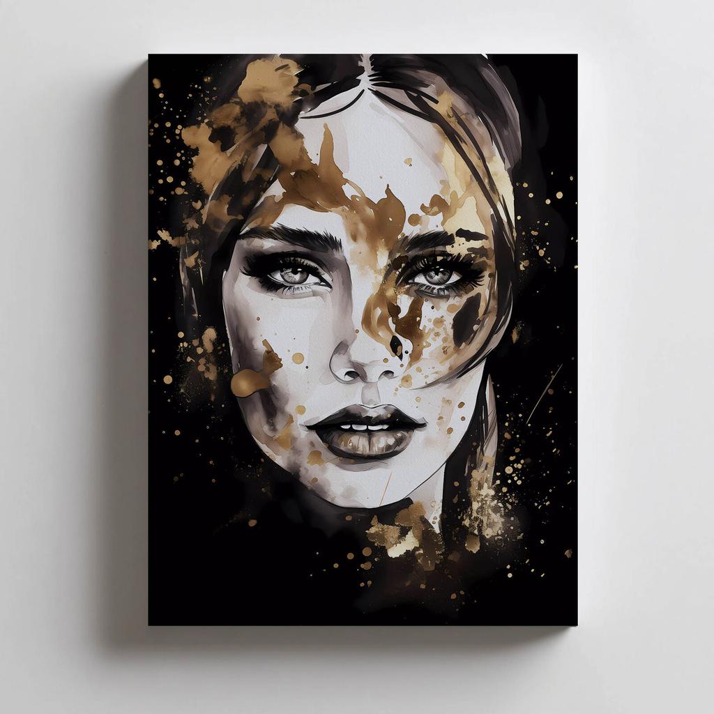 Twarz Kobiety W Czerni I Złocie Twarz Kobiety W Czerni I Złocie, 50X70 Cm, Bez Ramy, Płótno Premium Na Blejtramie