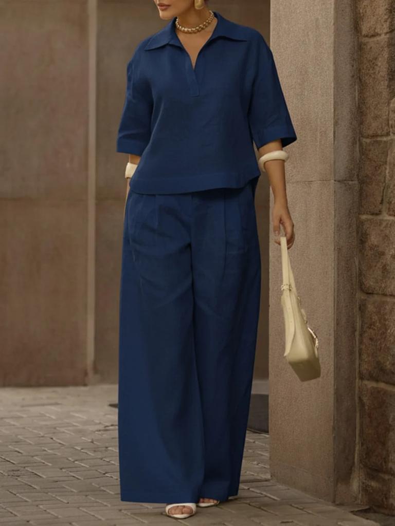 2026 European and American cross-border Amazon independent station spring and summer new solid color set, thin versatile wide-leg pants two-piece set